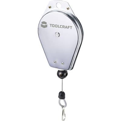 Metallic roll mechanism with a hook bearing the 'TOOLCRAFT' logo. Used for hanging or securing items.