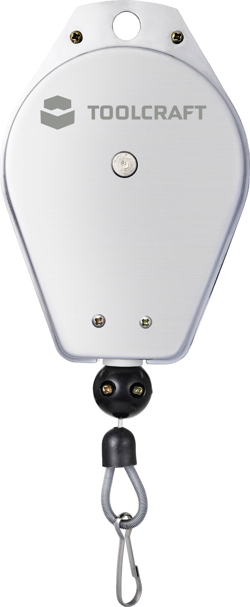 Cord retraction system with hook and 'TOOLCRAFT' logo on the surface. Ideal for hanging tools.