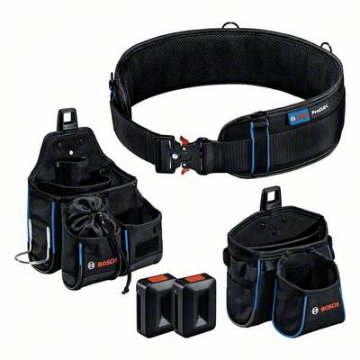 Tool bag set with belt and two batteries. Contains multiple pockets for tool storage. Brand 'Bosch'. Ideal for tradespeople.