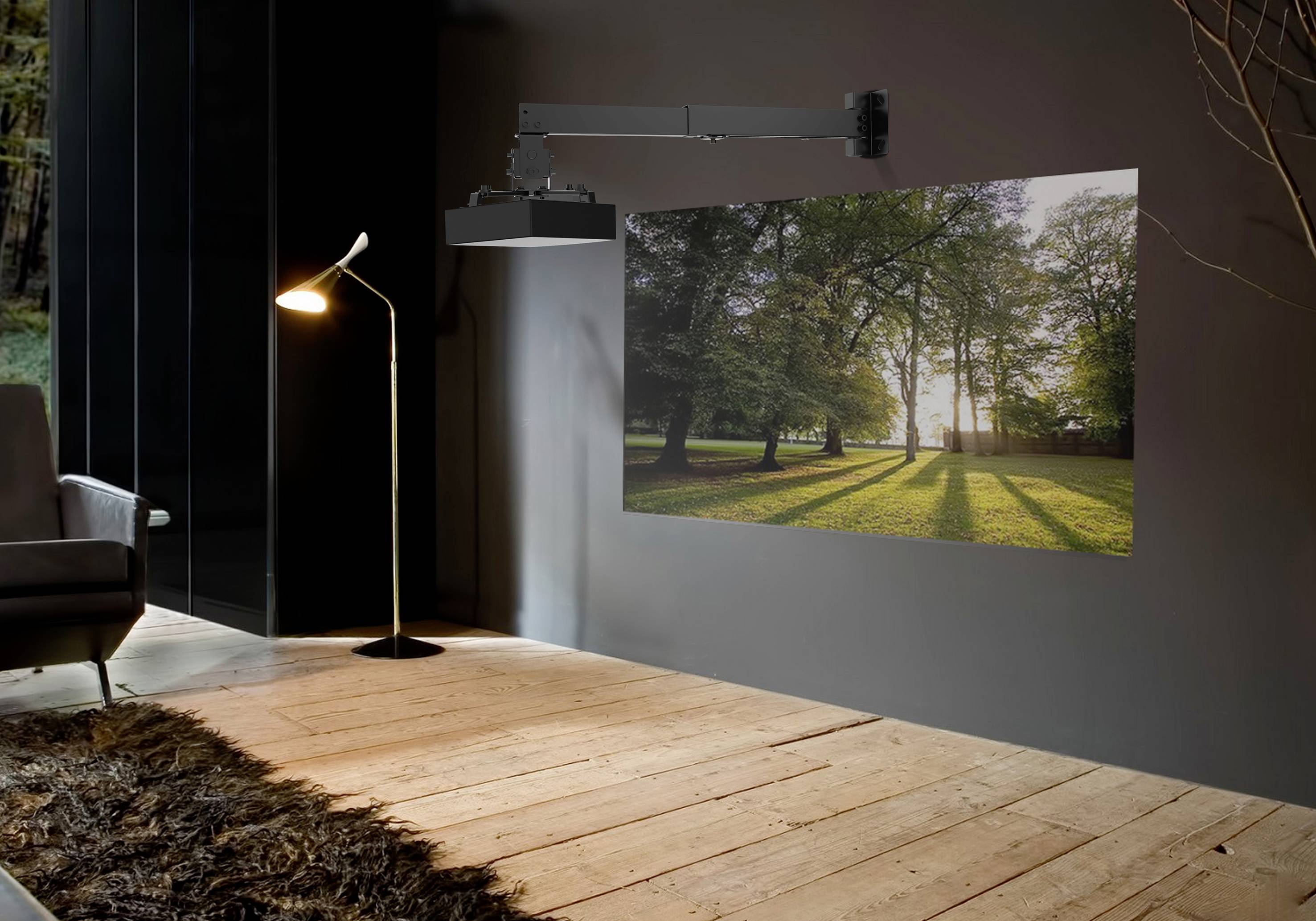 A cosy living room with wooden flooring, standard lamp and projector displaying an image of a sunny park with trees on the wall.