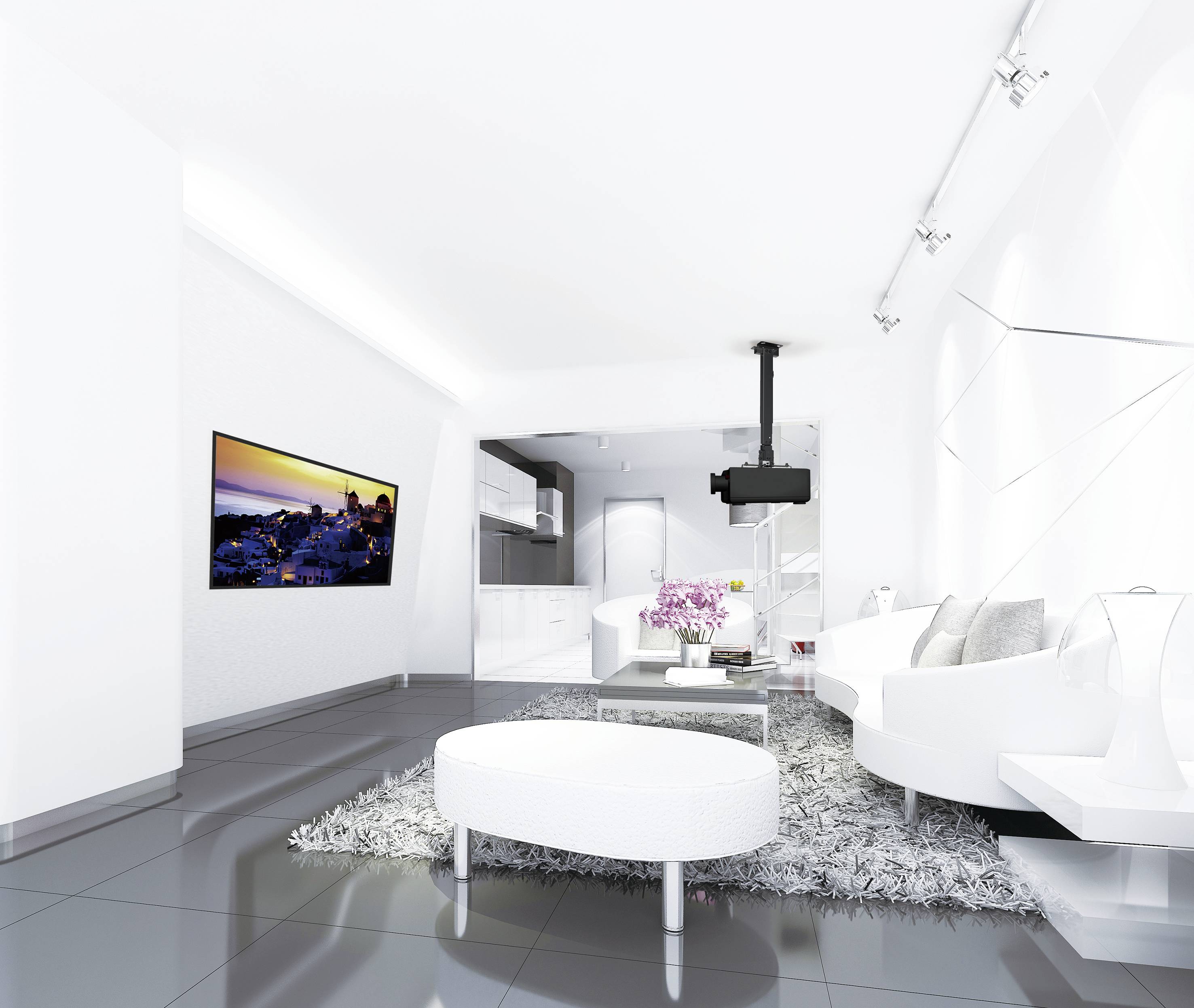 A modern living room with white furniture, a large television mounted on the wall and a rug on a glossy floor. An open-plan kitchen is visible in the background.