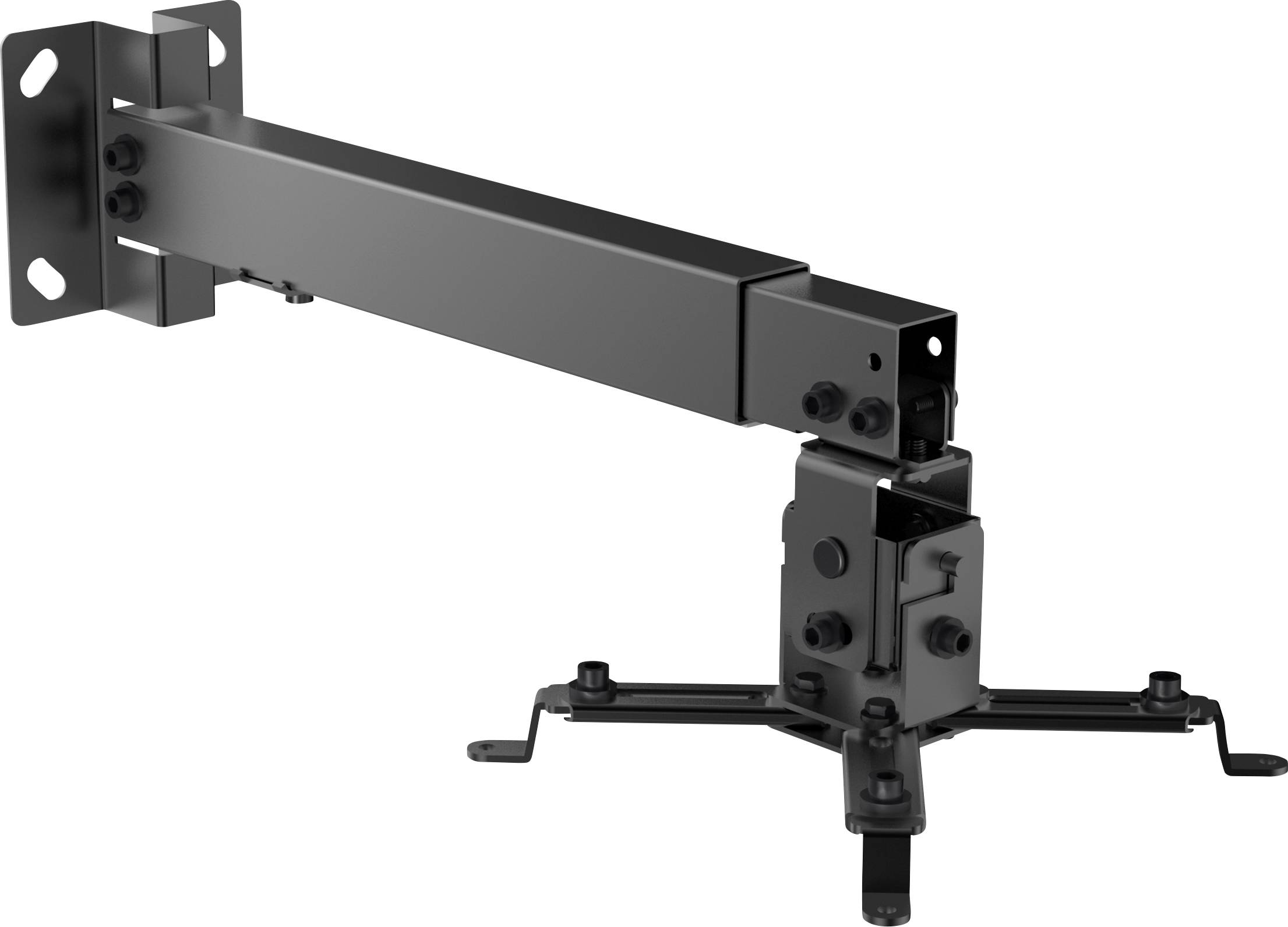 Metal mounting bracket for projectors, with adjustable arm and mounting points on the underside. Suitable for ceiling installation.