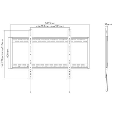 Wall mount for TV or monitor. Maximum width: 1009 mm, height: 610 mm. Side view shows a distance of 32 mm from the wall.