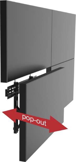 Wall mount for screens, showing a lower screen protruding from the wall. Red arrow marks 'pop-out'.