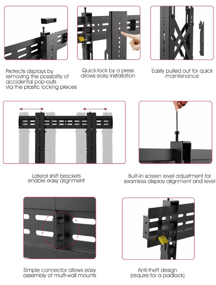 'Installation Instructions for Display Mount: Protection Against Falling, Quick-Release Mechanism, Easy Maintenance Access, Adjustable Positioning, Level Adjustment, Simple Installation, Anti-Theft Security.'