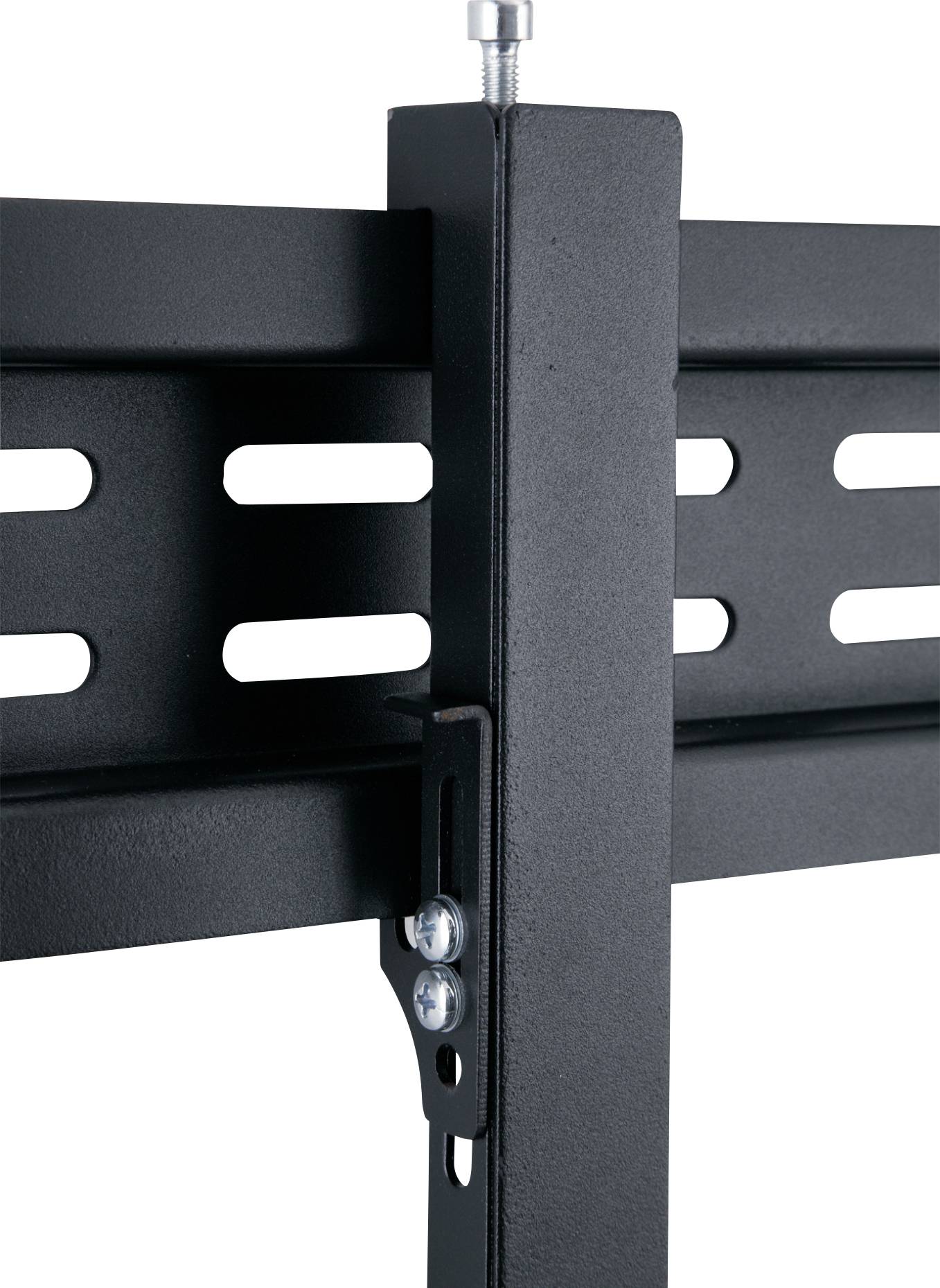 A black metal bracket with screws on a vertical stand, suitable for mounting televisions or monitors.