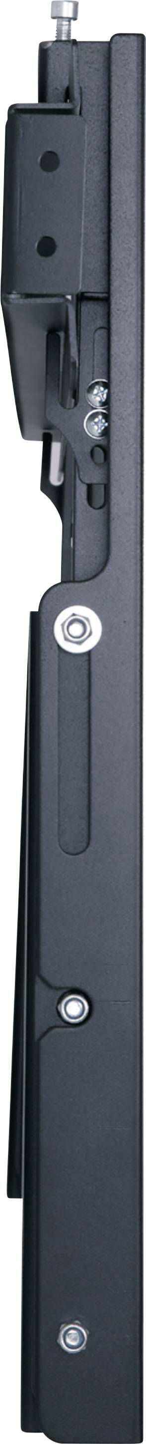 Black, vertical metal hinge with multiple screw holes and movable parts. Used for fixing and adjusting doors or flaps.