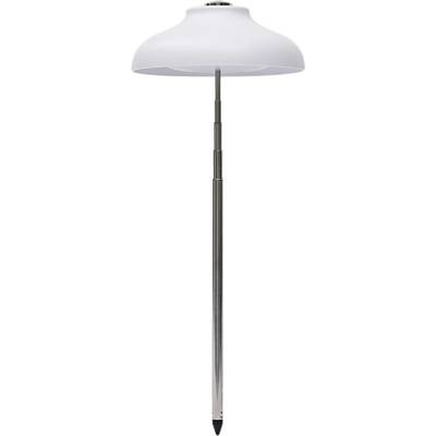 Floor lamp with a white, bowl-shaped lampshade and adjustable metal base.