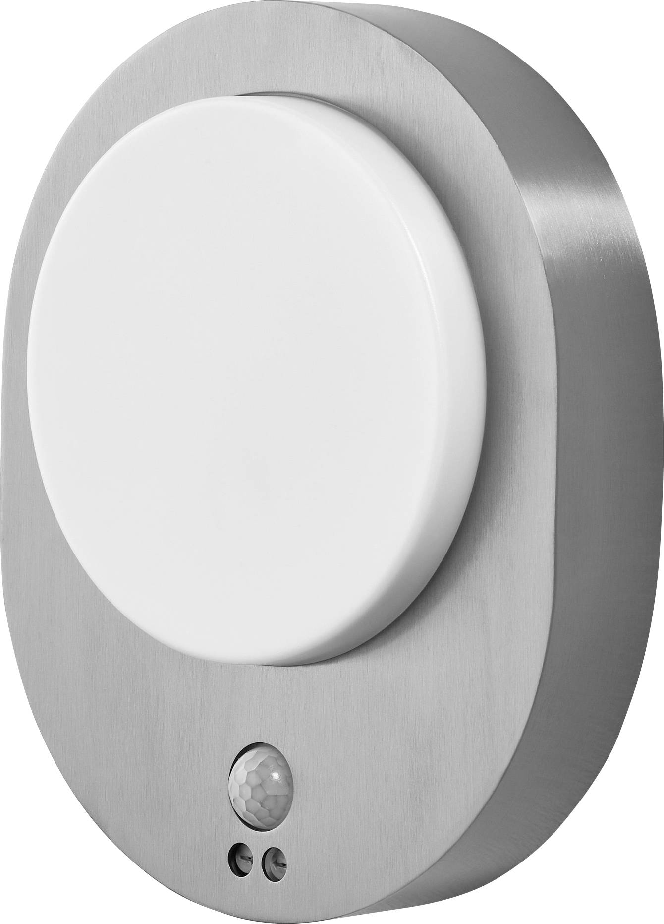 Round LED light in metal casing with integrated motion sensor underneath. Modern design, ideal for wall mounting.