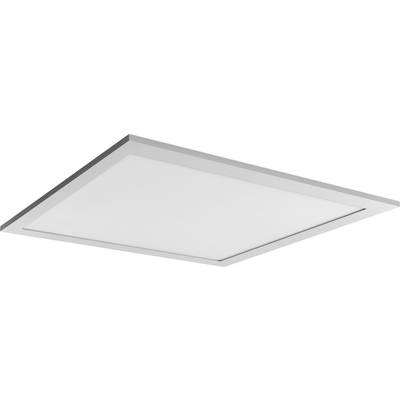 A square LED ceiling recessed panel with a silver frame emits uniform, white light, ideal for modern interior lighting.