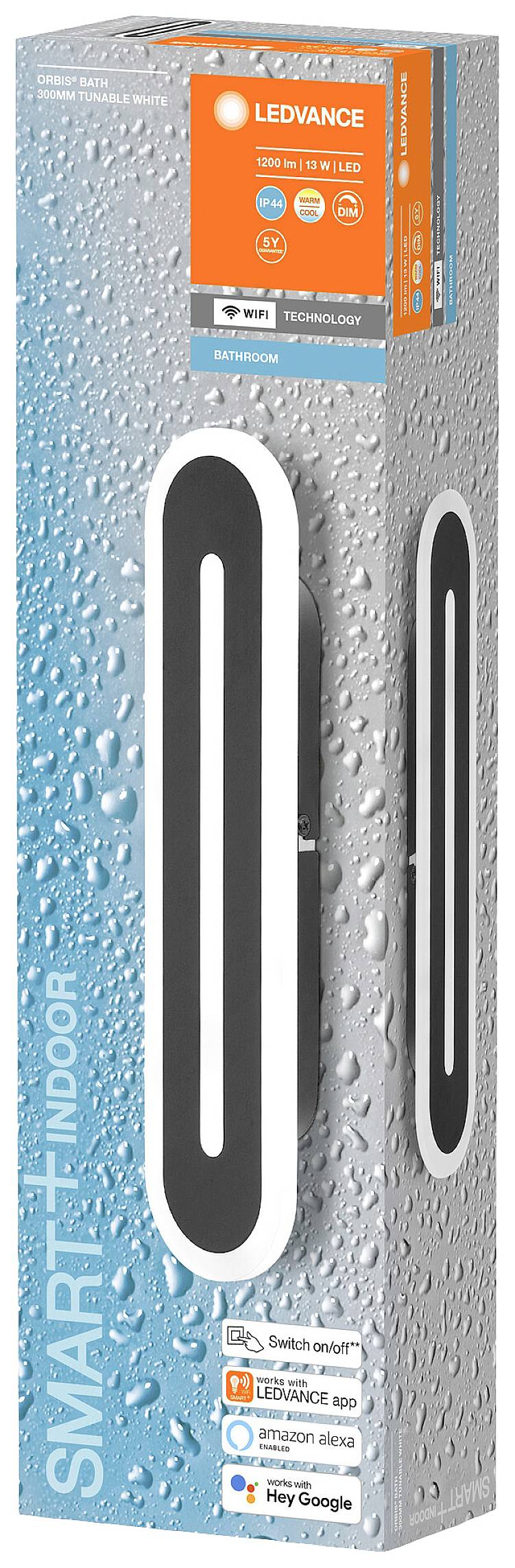 Packaging for a LEDVANCE SMART+ Indoor Lamp. The front displays the lamp logo, indications of app compatibility, and the text "Connected over WiFi".