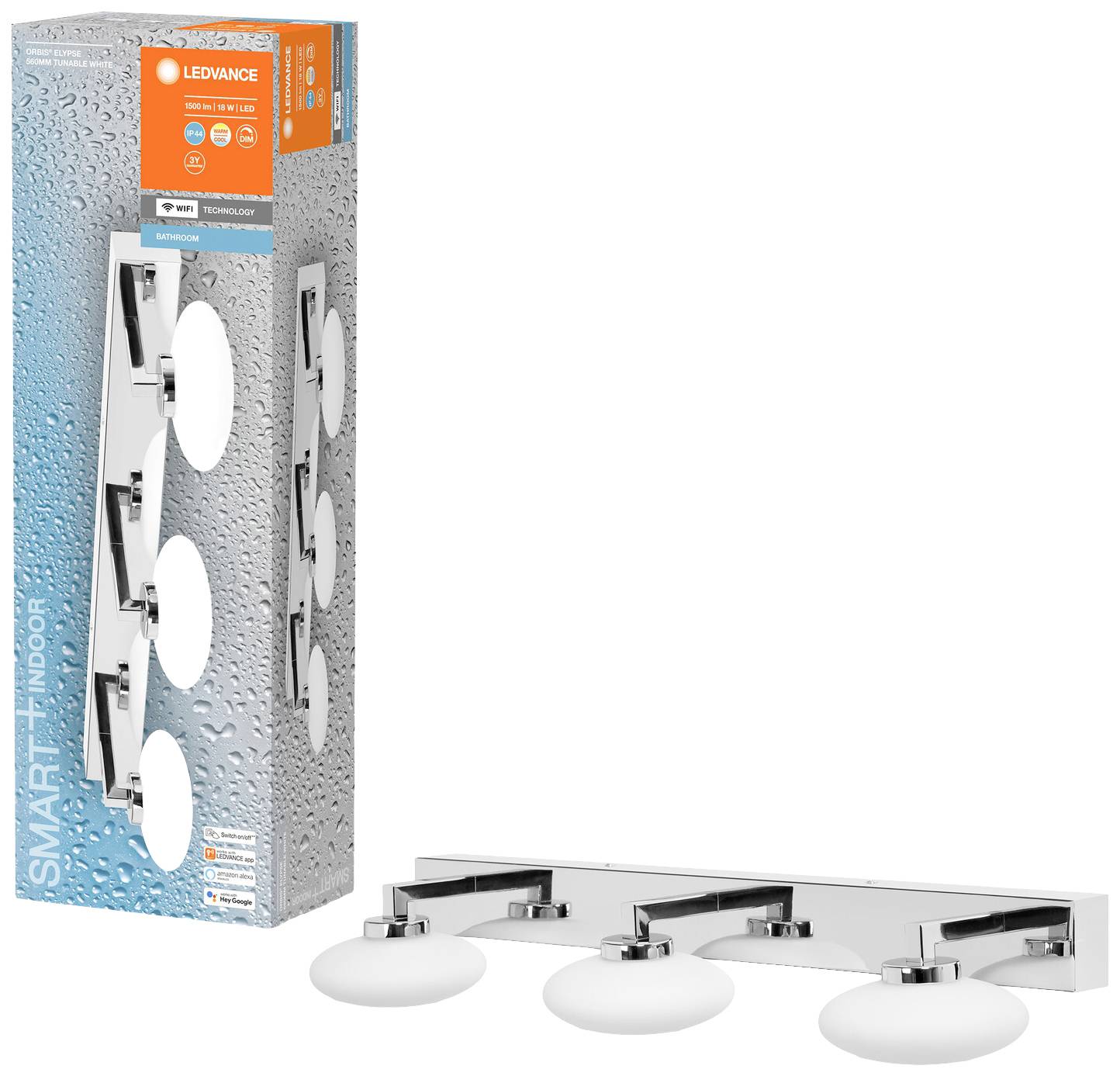 A three-lamp LED bathroom light on a silver mounting bracket, with a control button on the packaging, tailored for smart interior lighting.