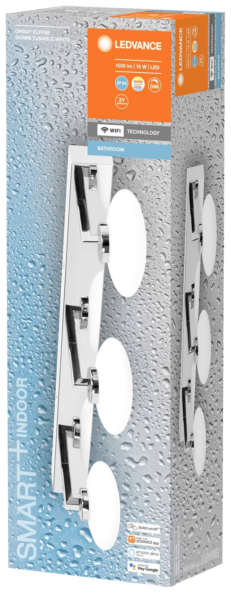 Packaging for an LED lamp with four round light heads, suitable for bathroom use. Brand name 'LEDVANCE' and label indicating smart indoor application.