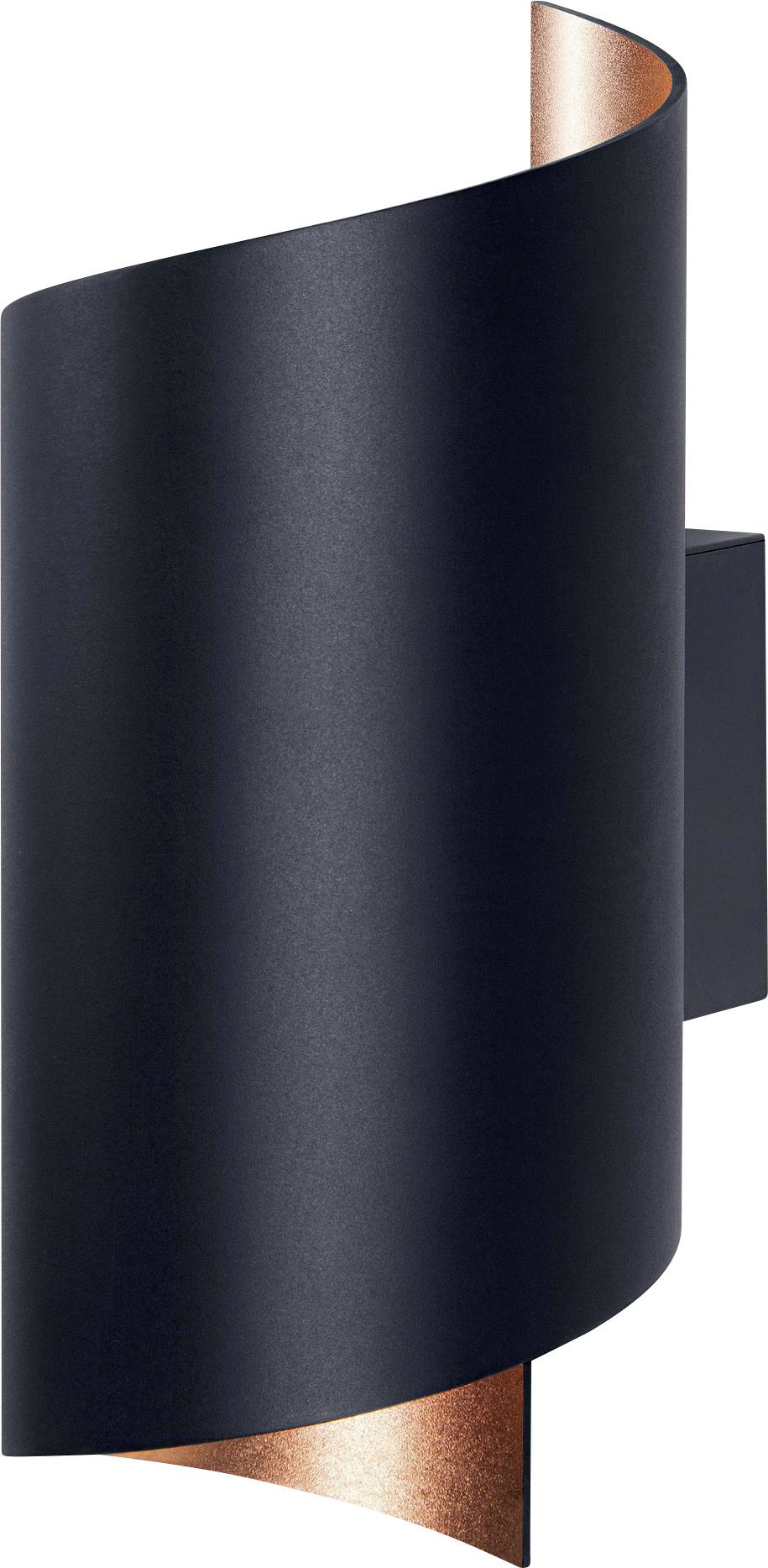 Black wall light with curved design, copper-coloured interior visible. Minimalist and modern aesthetic.