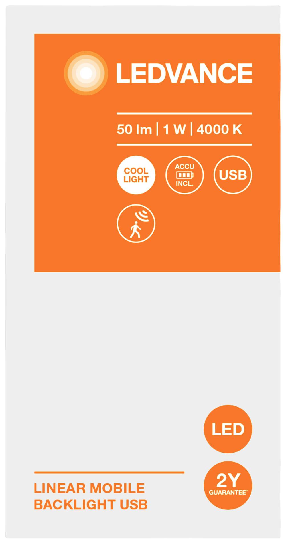 LED Display with 'Ledvance', 50 lumens, 1 watt, 4000 Kelvin. Features: cool light, USB connection, 2-year warranty.