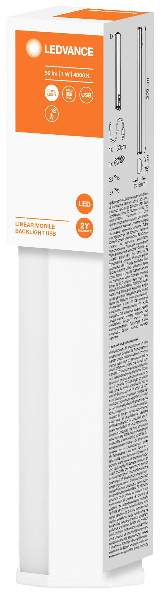 A LEDVANCE LED tube in its packaging, with labelling showing energy efficiency and product information in orange and white.