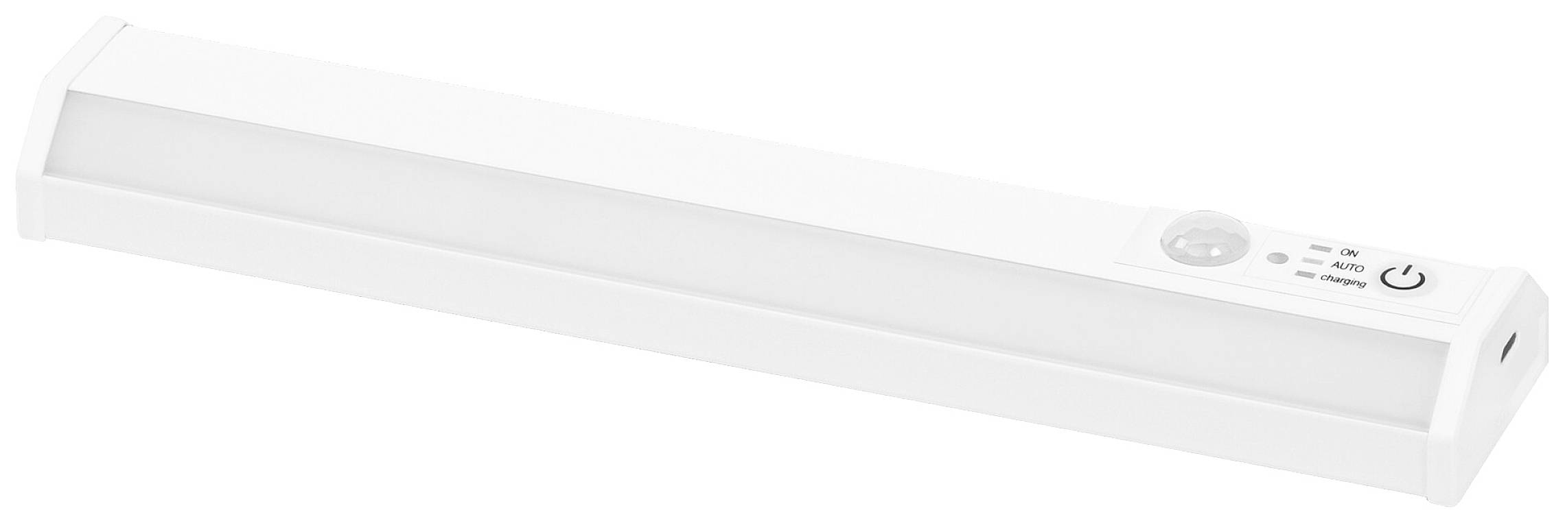 White LED light with motion sensor and switch, suitable for mounting under cupboards or shelves for illumination.