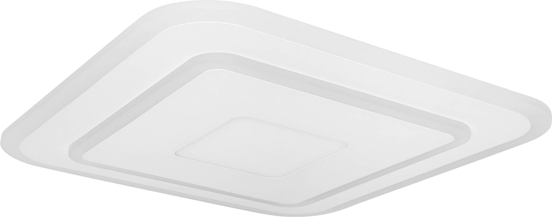 Sleek, square LED ceiling light in white with clean, rounded edges, suitable for modern living spaces.