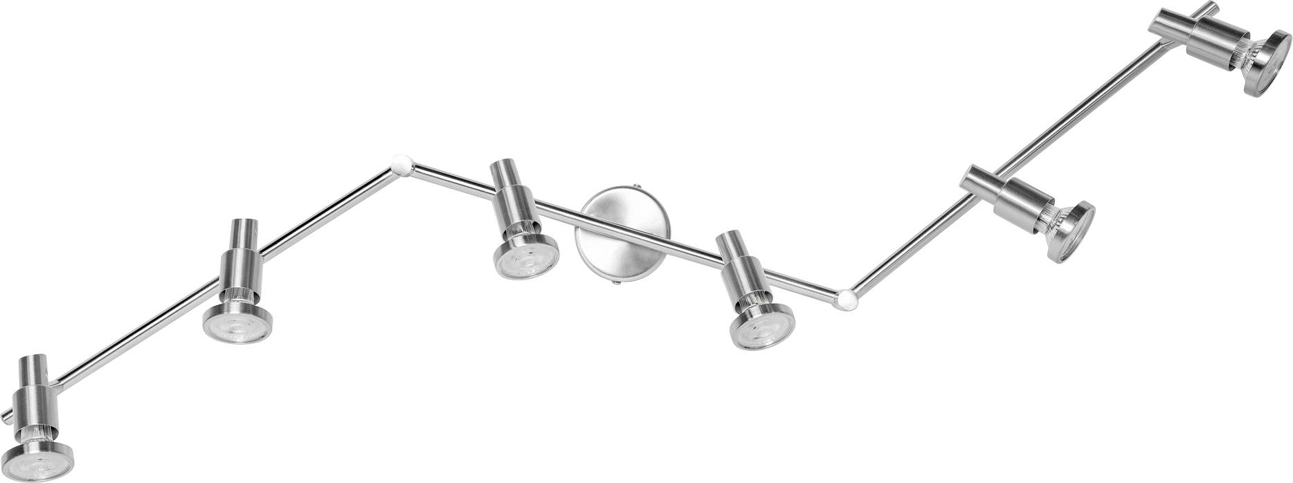 Silver ceiling light with six adjustable spotlights in a Z-shaped design. Ideal for accent lighting in a modern space.