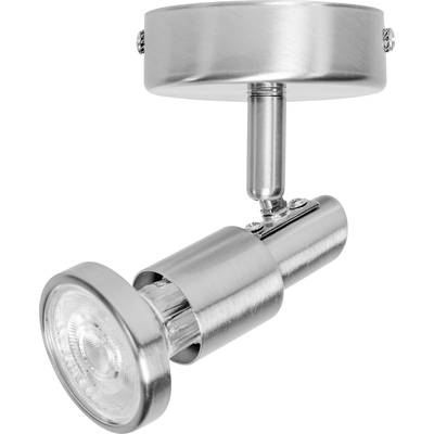 Brushed metal ceiling spotlight with adjustable head and circular base, suitable for directional lighting in interior spaces.