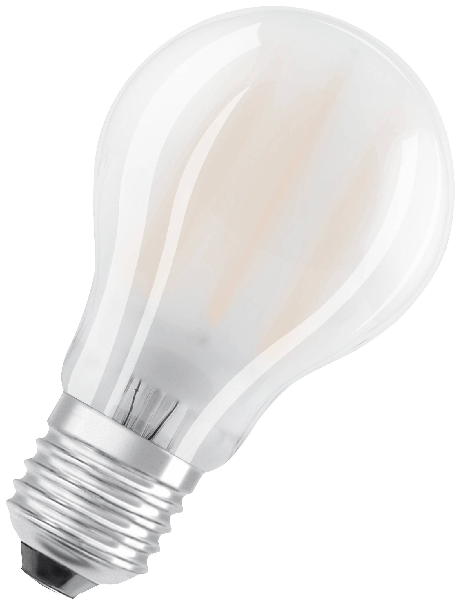 Light bulb with a silver base and transparent glass, standing on its tip, not illuminated.