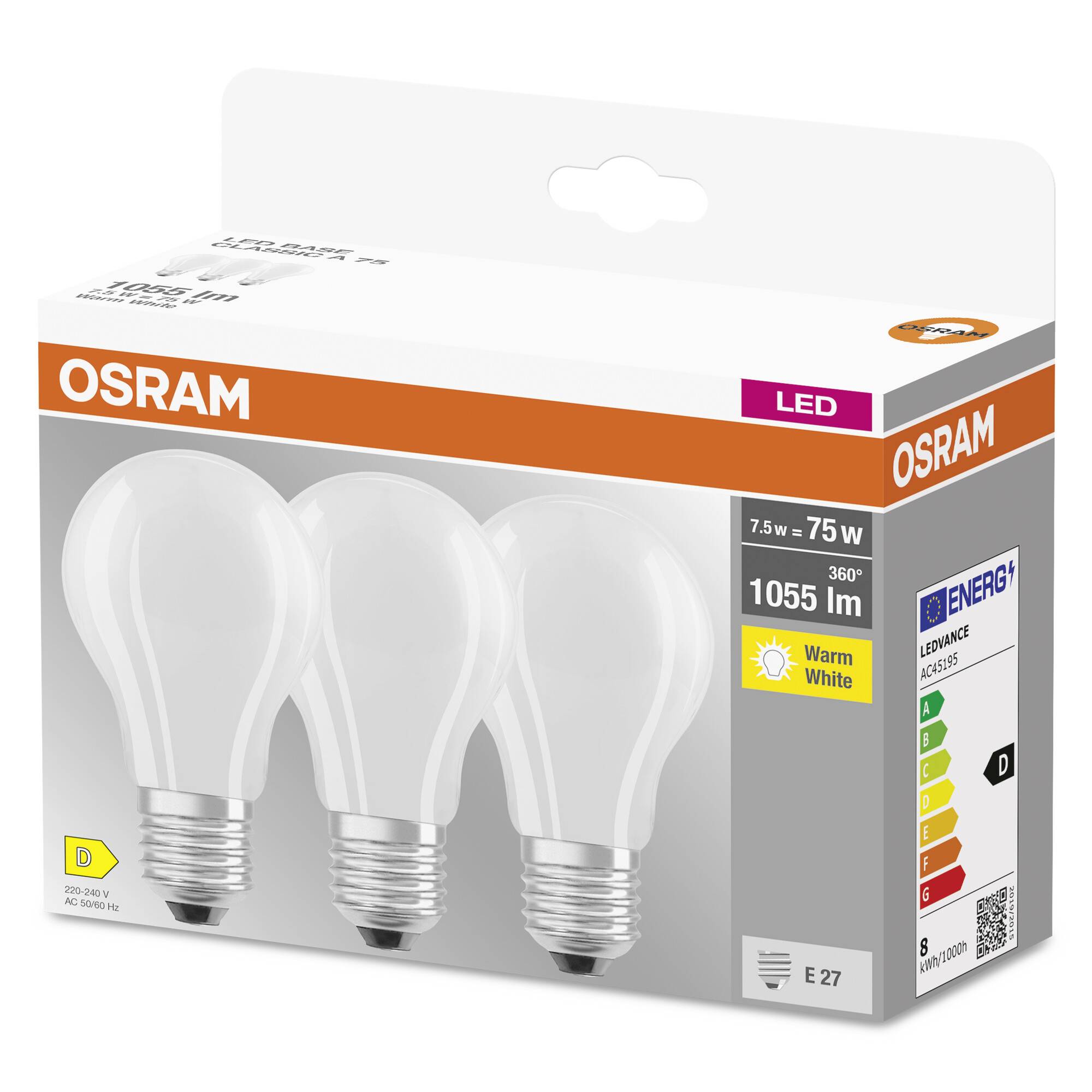 Three OSRAM LED light bulbs in one package, E27 fitting, 7.5W equivalent to 75W, warm white light, 1055 lumens, Energy Class D.