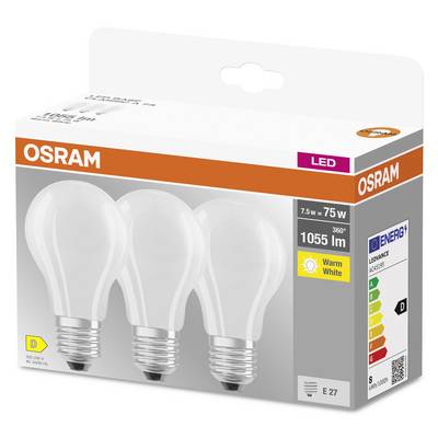 Three OSRAM LED light bulbs in one package, E27 fitting, 7.5W equivalent to 75W, warm white light, 1055 lumens, Energy Class D.