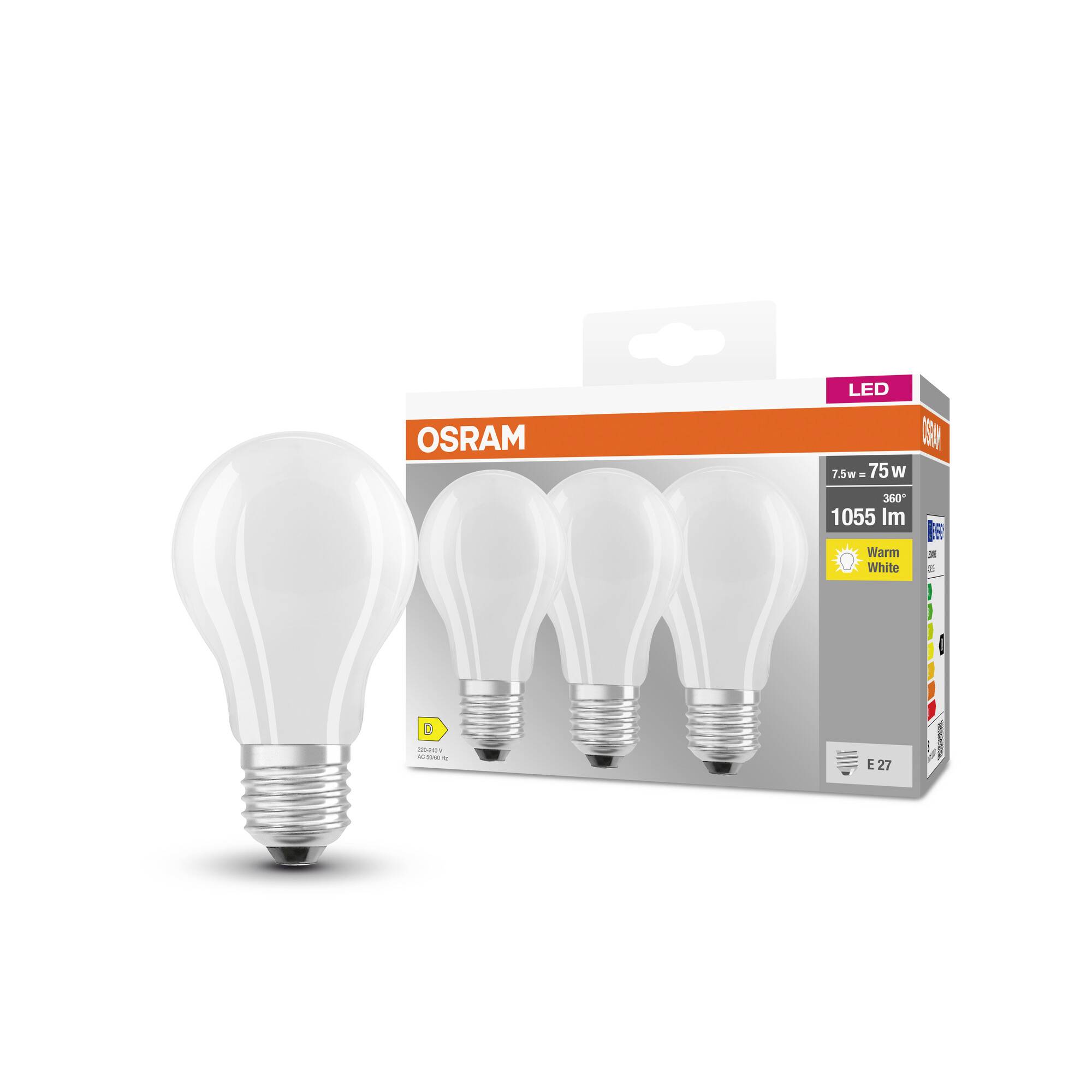 A pack of OSRAM LED light bulbs, 12W equivalent to 75W, 1055 lumens, warm white, Energy Class D, E27 screw cap, 3 pieces.