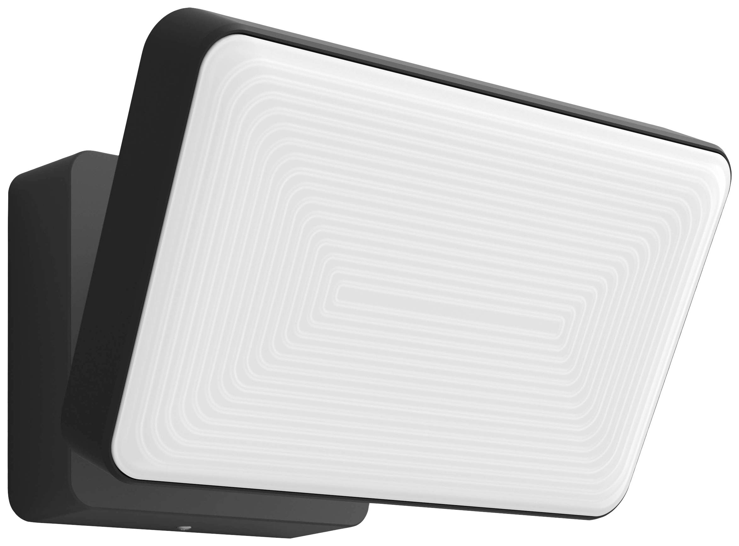 Rectangular LED wall light with a black housing and geometric pattern on the white cover. Designed in a modern style.