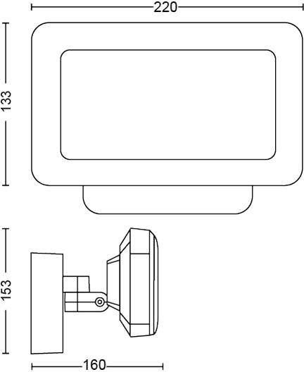 Technical drawing of a rectangular device with dimensions: width 220, height 133, depth 160 and 153. Side and front views illustrated.