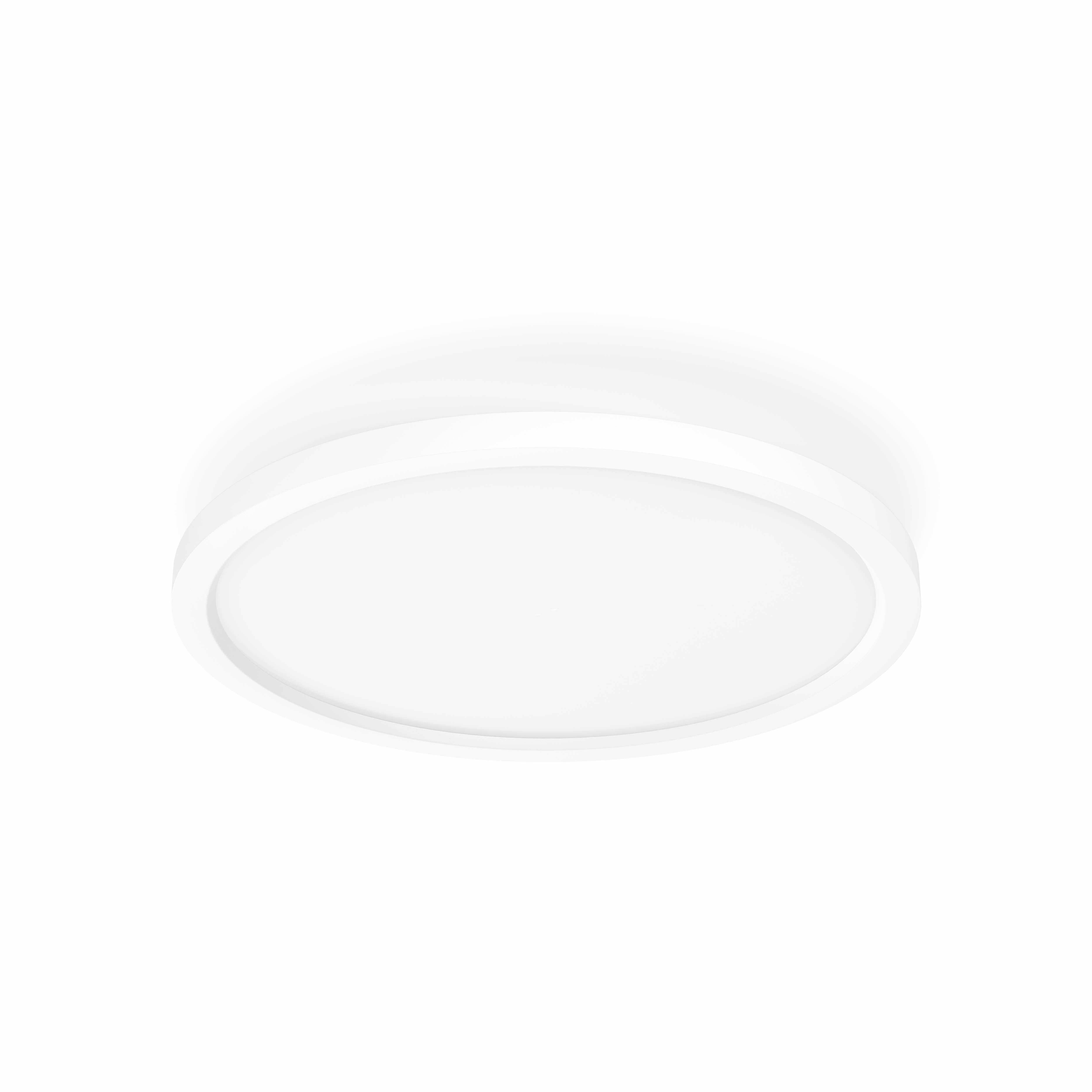 Round, white ceiling light with a simple design, mounted on a white ceiling.