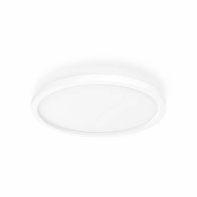 Round, white ceiling light with a simple design, mounted on a white ceiling.
