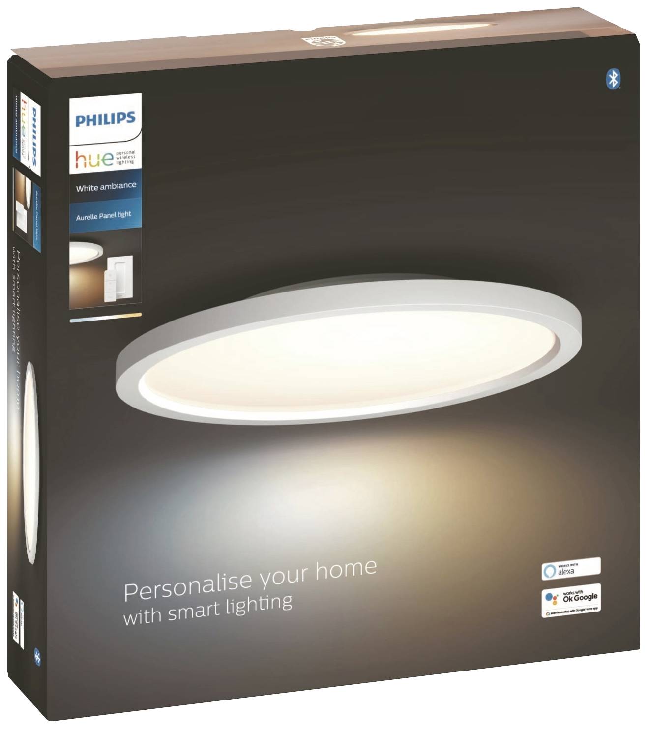 Philips Hue White Ambiance Ceiling Light Box. Text reads 'Personalise your home with smart lighting'. Image shows a round light fixture.