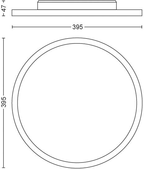 Round ceiling light, diameter 395 mm, height 47 mm.