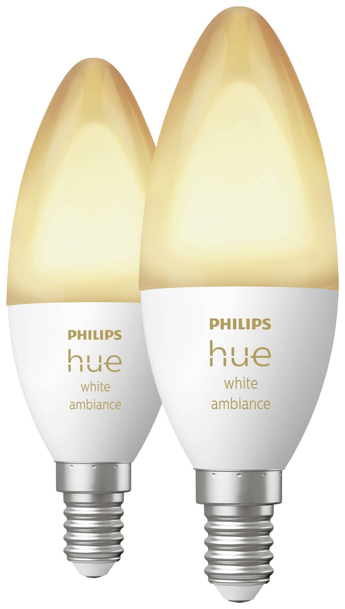 Two Philips Hue White Ambiance LED light bulbs with E14 bayonet cap; they emit a warm white light.