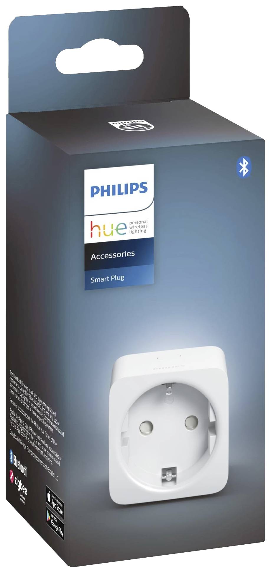 Philips Hue Smart Plug packaging featuring an illustration of a white plug socket, Bluetooth symbol, and note on compatibility with smart home systems.