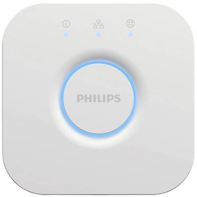 A white, square Philips Smart Hub device with blue LED lighting and symbols for power, network, and internet connection.