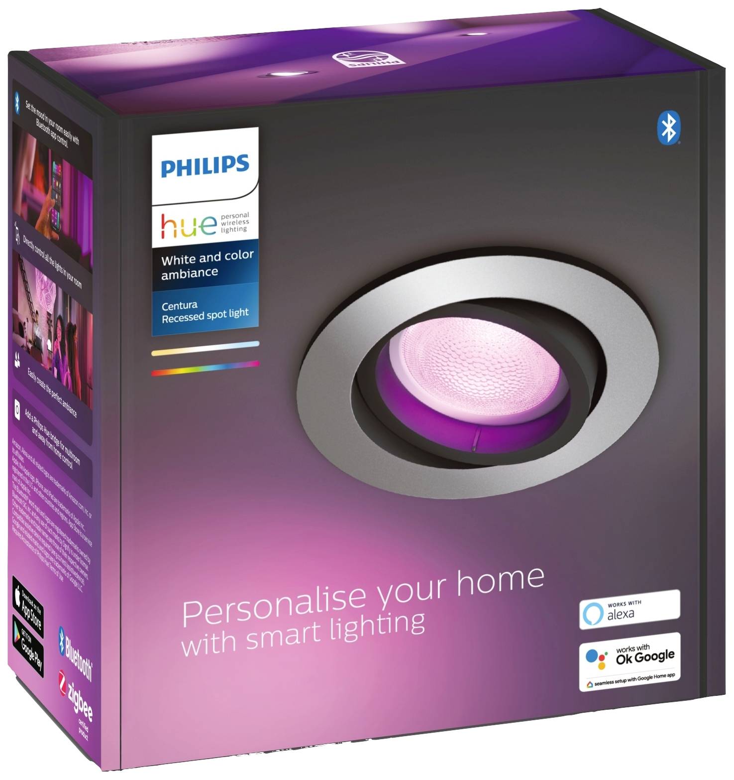 Philips Hue LED Ring Light in Packaging. Text: 'Personalise Your Home with Smart Lighting'. Compatible with Alexa and Google.