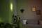 A living room with a grey sofa, green plant, two wall paintings and a green wall light creating atmospheric lighting.