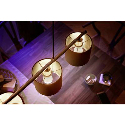 Two hanging lamps above a wooden table set with a bowl of biscuits, a smartphone, and a book.