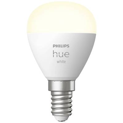 A white Philips Hue LED light bulb with an E14 fitting is illuminated. It is optimised for smart lighting control and energy efficiency.