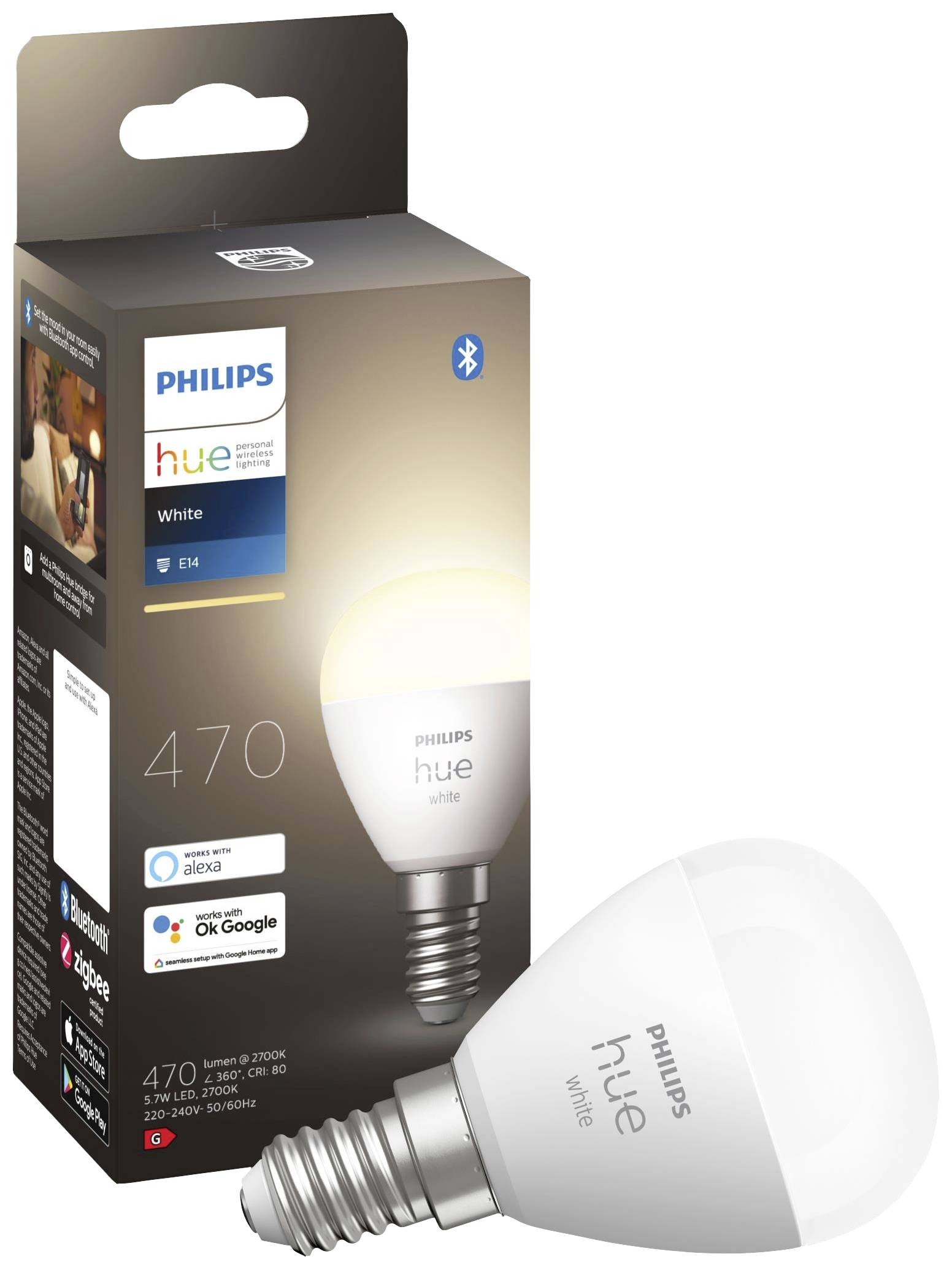 A Philips Hue White E14 LED light bulb and packaging, compatible with Alexa and Google Assistant, Bluetooth-enabled, 470 lumens.