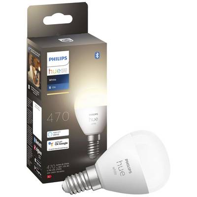 A Philips Hue White E14 LED light bulb and packaging, compatible with Alexa and Google Assistant, Bluetooth-enabled, 470 lumens.