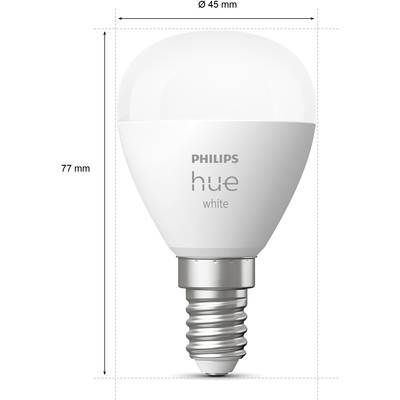 'Philips Hue White' LED light bulb, dimensions: 45 mm diameter, 77 mm height.
