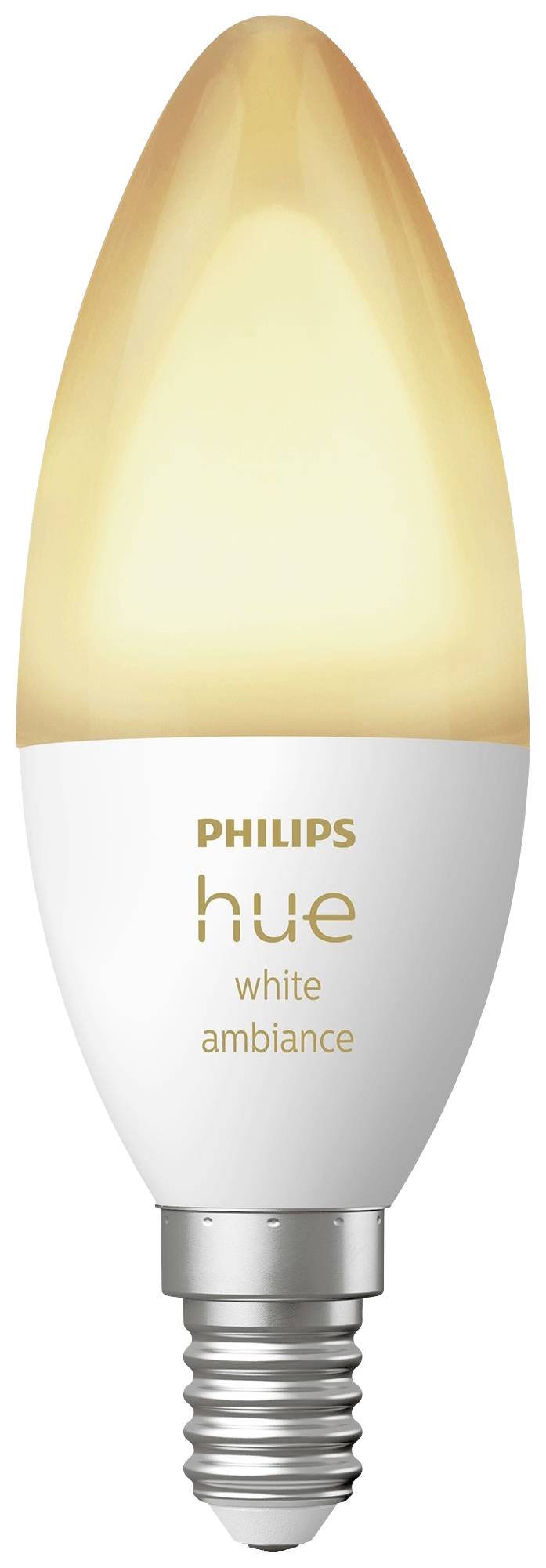 A Philips Hue LED bulb, white light, with an E14 bayonet cap, illuminates in a warm white tone.