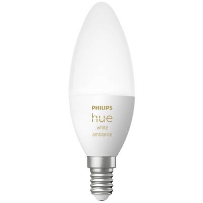 A Philips Hue White Ambiance LED candle bulb with an E14 fitting, designed for smart lighting.