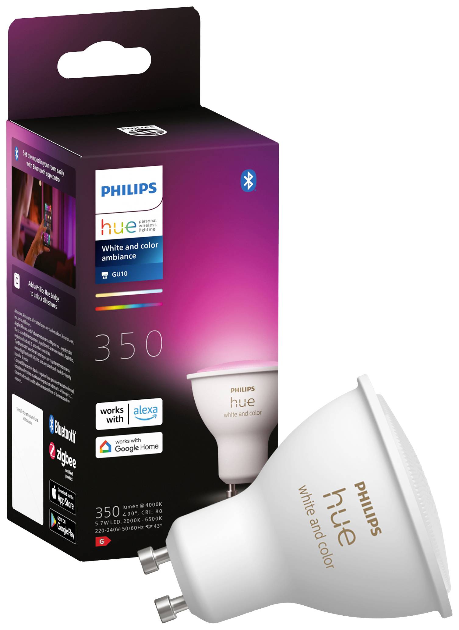 Philips Hue Light Bulb with 350 Lumens, White and Colour Ambiance. Compatible with Alexa, Google Home. Packaging shows coloured lighting.
