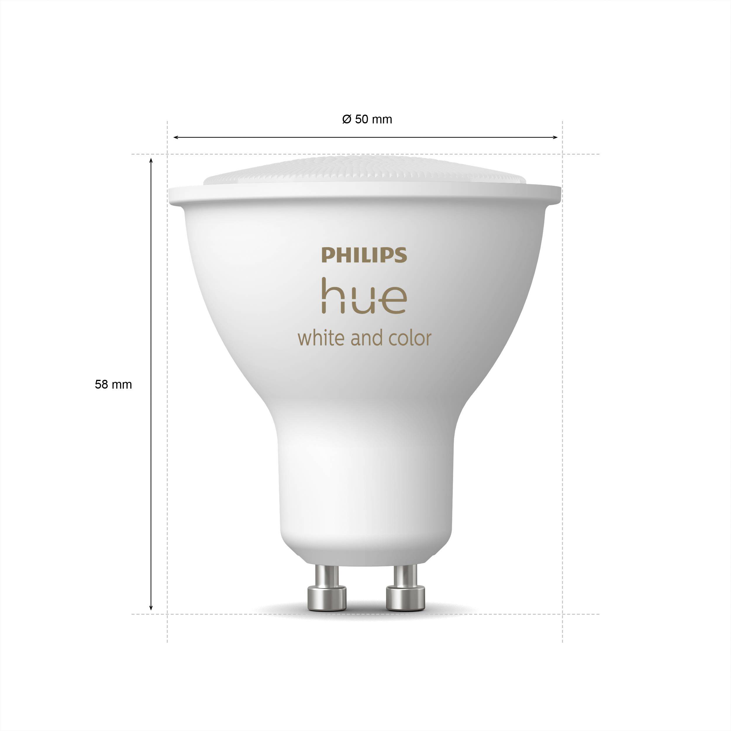 A white Philips Hue light bulb, model 'white and colour', GU10 fitting, 50 mm diameter and 58 mm height.