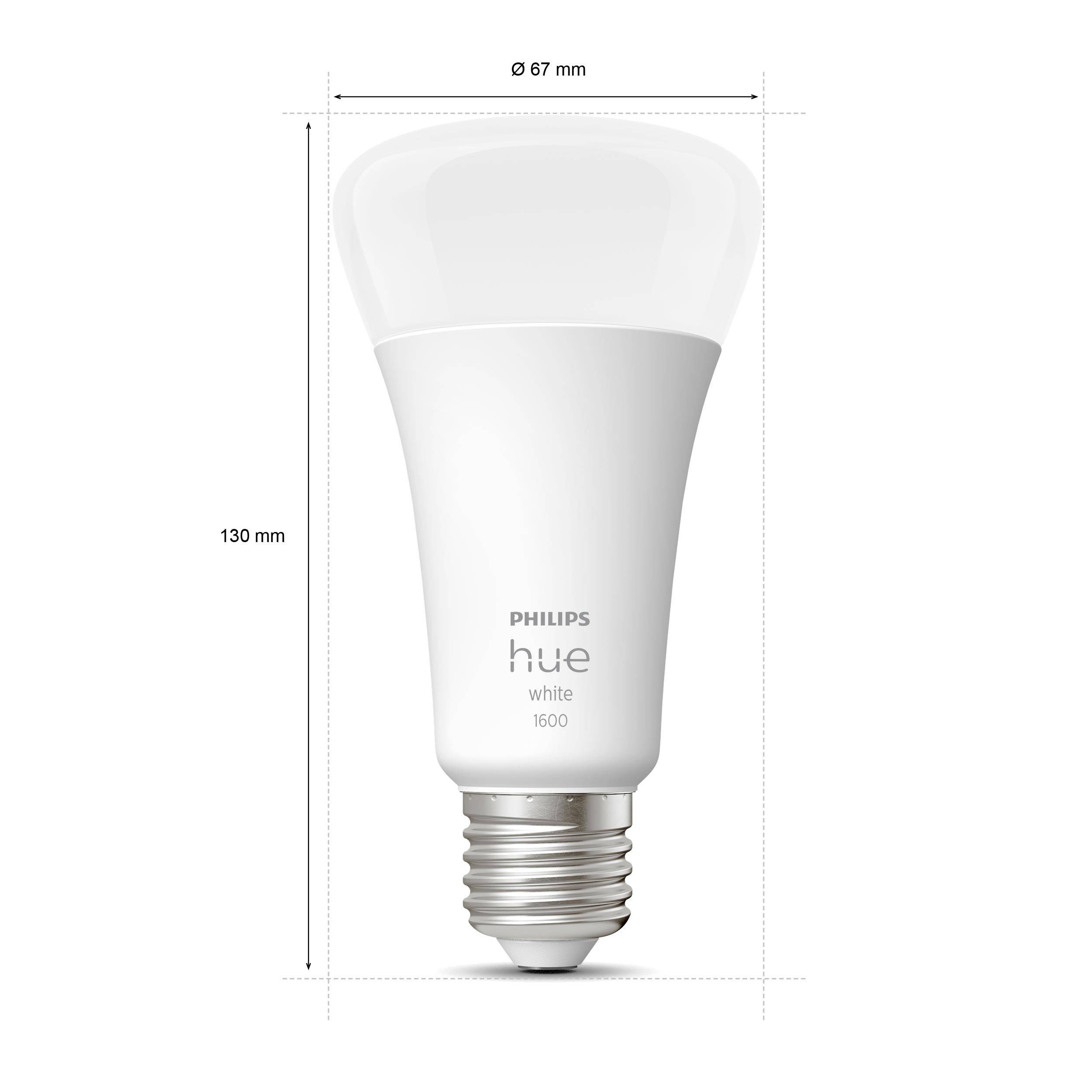 Philips Hue White 1600 light bulb, height 130 mm, diameter 67 mm, with E27 base.
