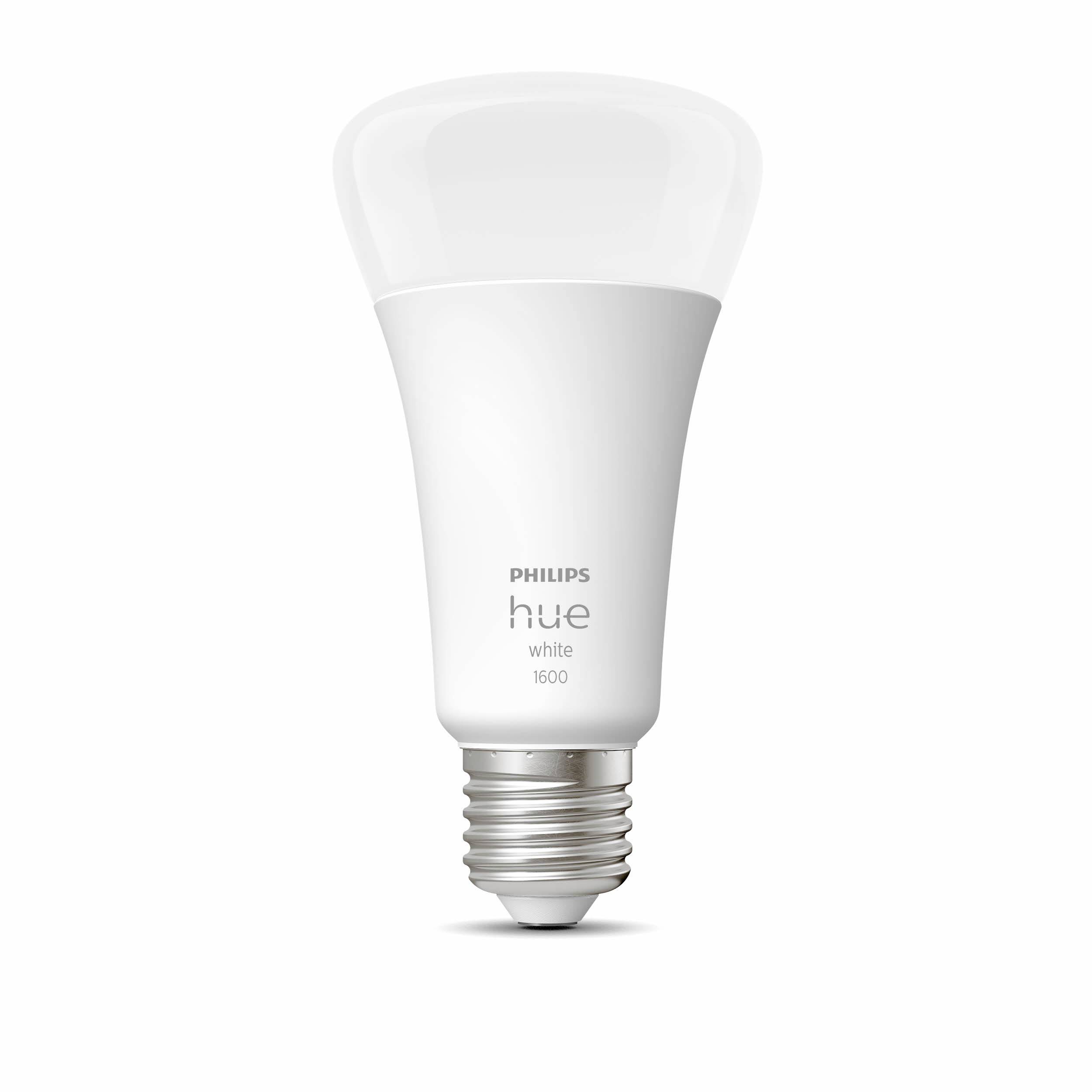 This is a Philips Hue LED light bulb, White 1600 model, with standard E27 Edison screw fitting. It is suitable for smart lighting systems.